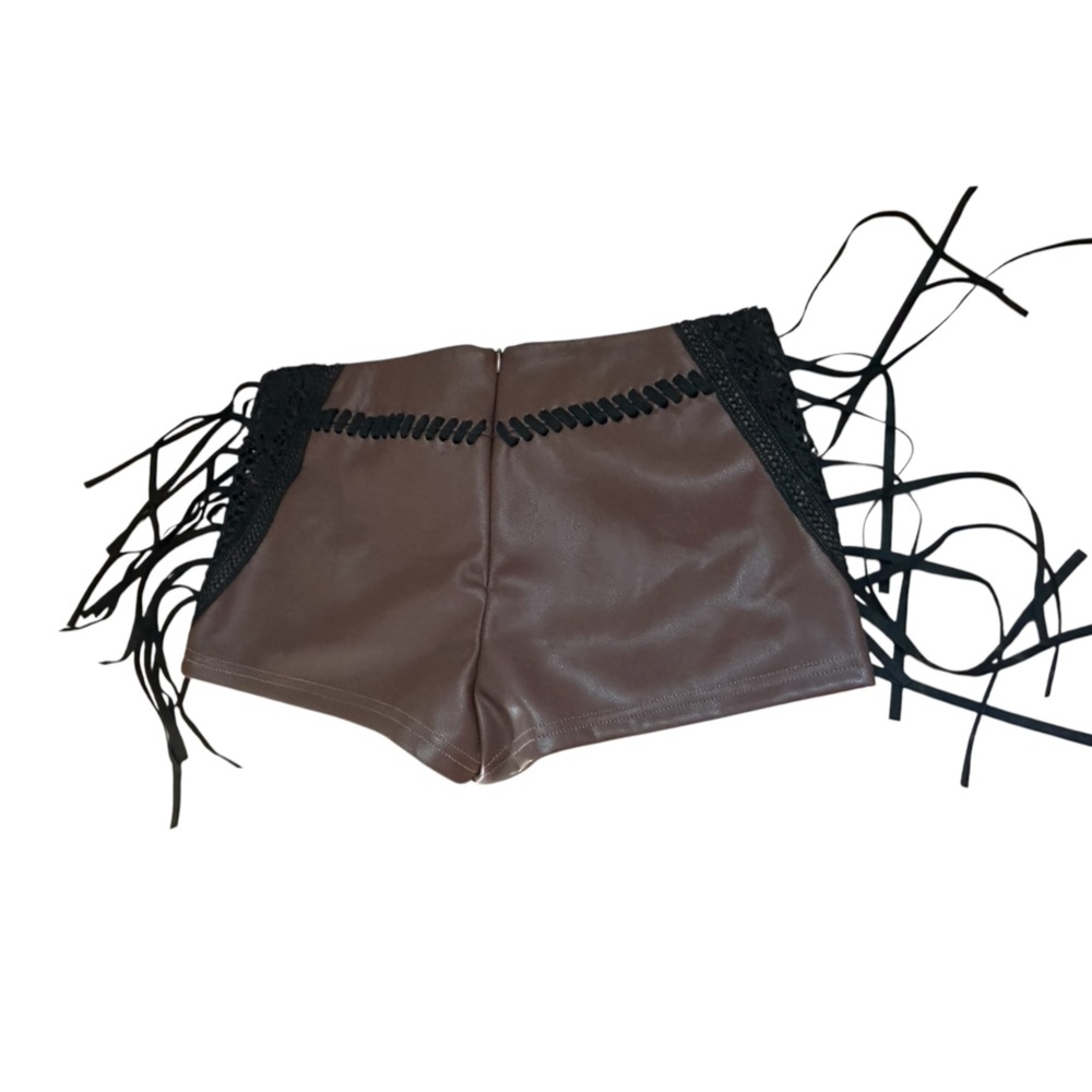 Dolls Kill Sold Out Current Mood Brown faux Leather fringe shorts small